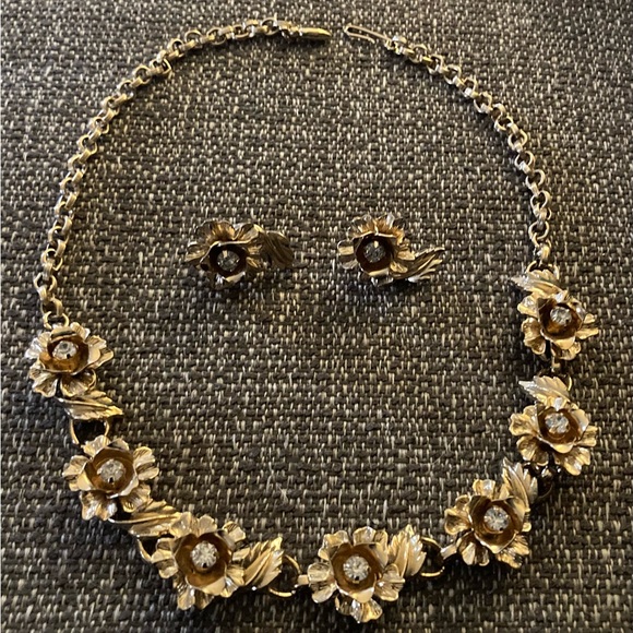 Coro Jewelry - CORO Vintage Gold Tone Crystal Rose Necklace & Clip-On Earring Set